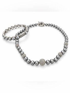MONET Gray Faux Pearl and Pave Crystal Bead Necklace and Earring Set